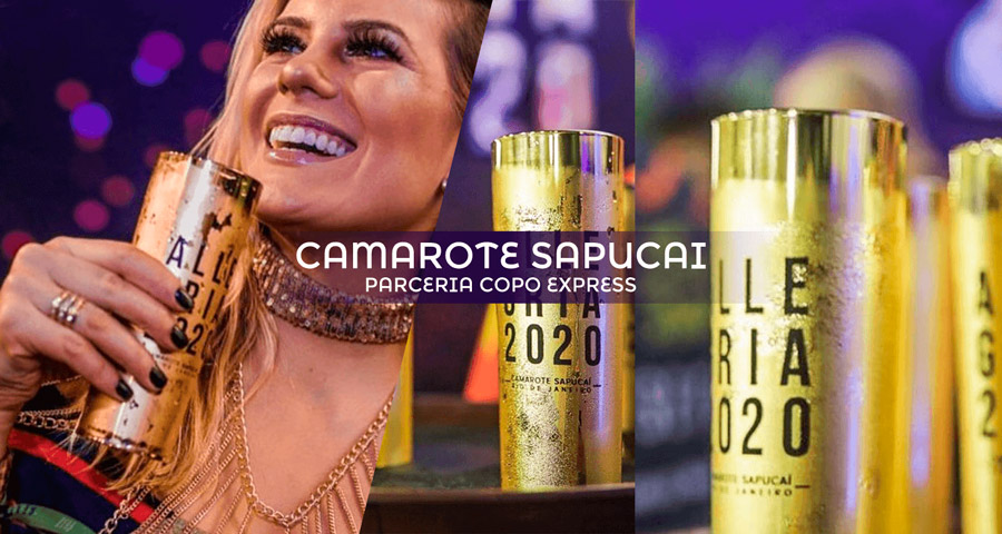 Copos long drink dourados do Camarote Sapucaí 2020, em parceria com a Copo Express